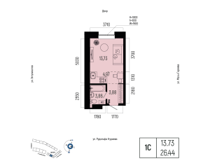 Планировка 1-комнатные 26,4 м²