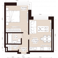 Планировка: 2-комн. квартира, 41 м²