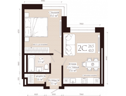 Планировка 2-комн. · 41 м²