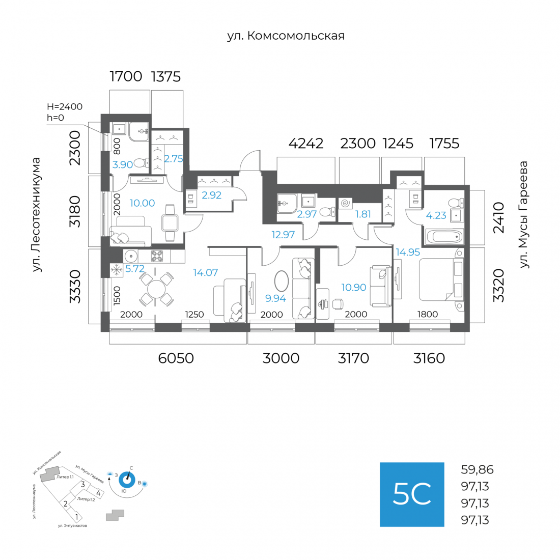 Планировка 5-комнатная квартира 97,1 м² в ЖК «8 НЕБО», 32 этаж — 24 461 500 ₽