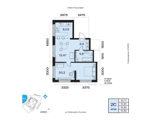 Планировка 2-комнатные 51,8 м²