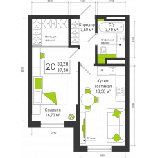 Планировка: 2-комн. квартира, 37.5 м²