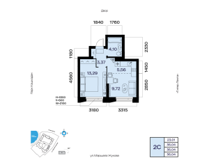 Планировка 2-комнатные 36 м²