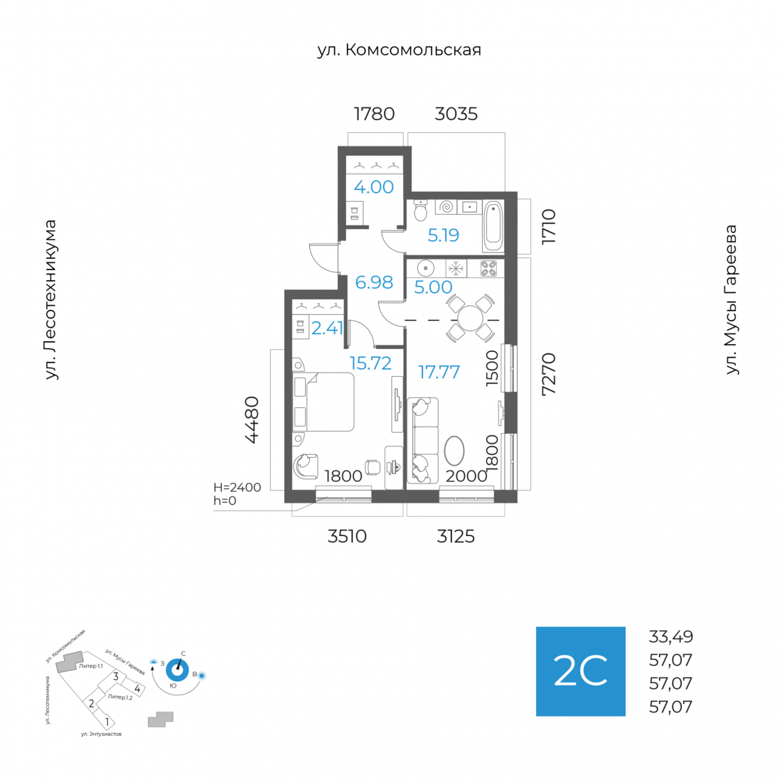 Планировка 2-комнатная квартира 57,1 м² в ЖК «8 НЕБО», 22 этаж — 11 610 400 ₽