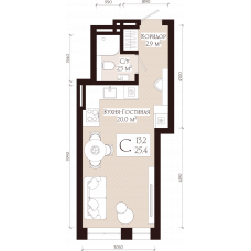 Планировка: 1-комн. квартира, 25.4 м²