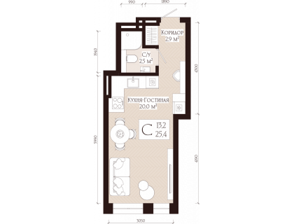 Планировка 1-комн. · 25.4 м²