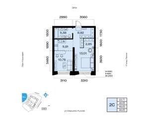 Планировка 2-комнатные 46,8 м²