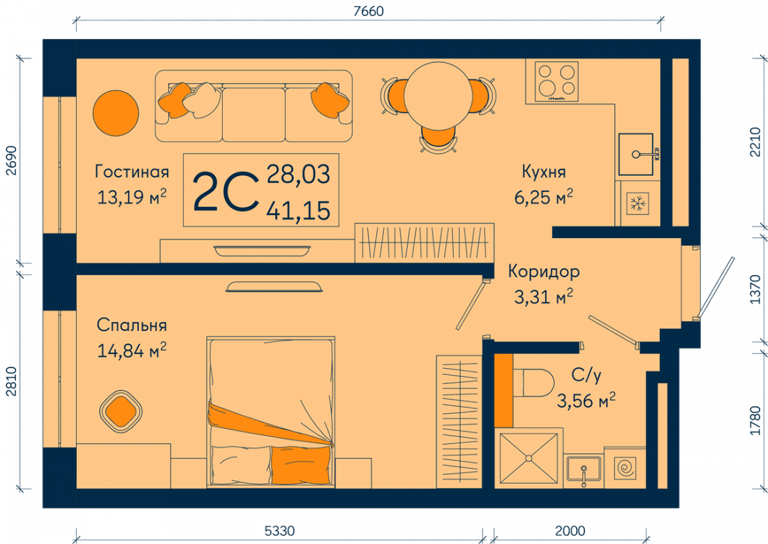 Планировка: 2-комн. квартира, 41.2 м²