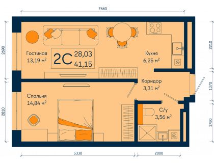 Планировка 2-комн. · 41.2 м²