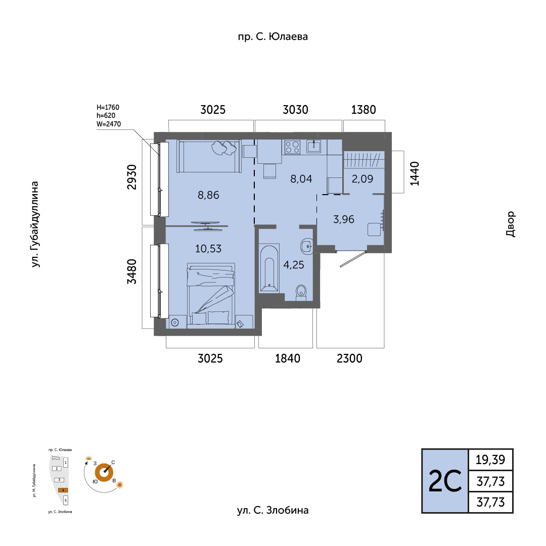 Планировка 2-комнатная квартира 37,7 м² в ЖК «Урбаника», 10 этаж — 9 407 800 ₽