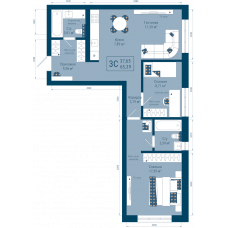 3-комн. квартира, 65.4 м²