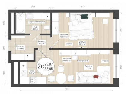 Планировка 2-комн. · 35.7 м²