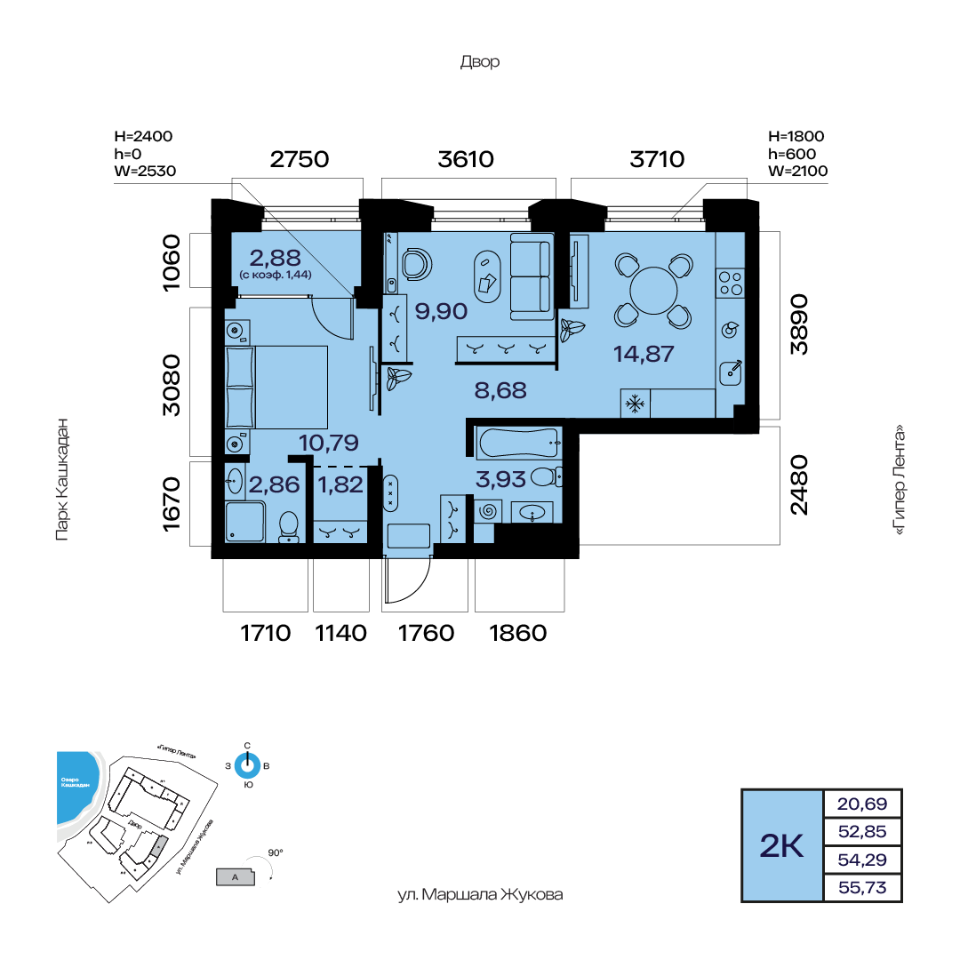Планировка 2-комнатная квартира 54,3 м² в ЖК «Атлантис», 7 этаж — 11 968 500 ₽