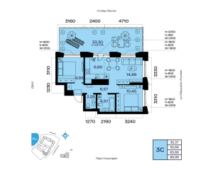 Планировка 3-комнатные 65,7 м²