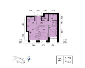 Планировка 3-комнатные 64,3 м²