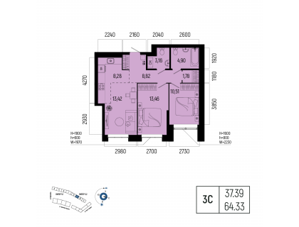 Планировка 3-комн. · 64.3 м²