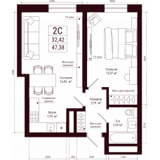 Планировка: 2-комн. квартира, 47.4 м²