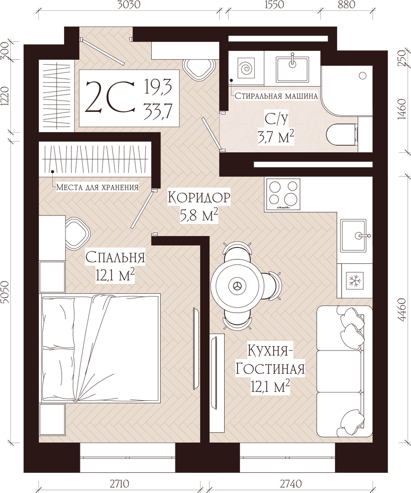 Планировка 2-комнатная квартира 33.7 м² в ЖК Никольская collection, 6 этаж — 11 613 087 ₽