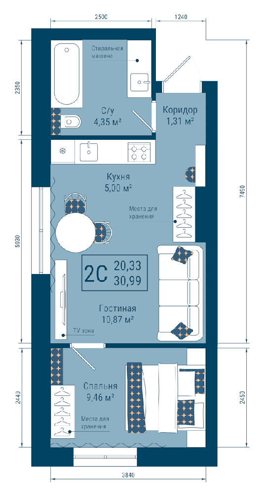 Планировка: 2-комн. квартира, 31 м²