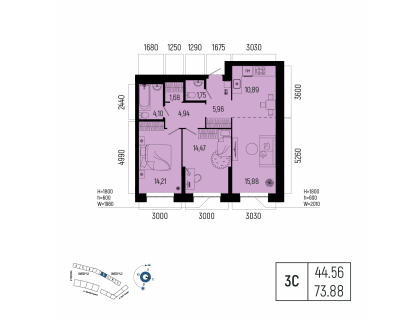 Планировка 3-комн. · 73.9 м²