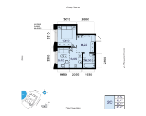 Планировка 2-комнатные 35,5 м²