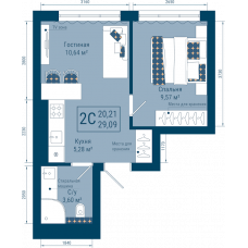 Планировка: 2-комн. квартира, 29.1 м²