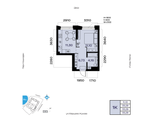 Планировка 1-комнатные 33,3 м²