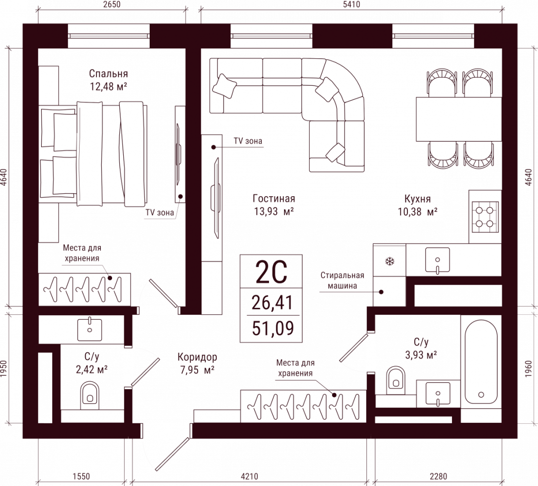 Планировка: 2-комн. квартира, 51.1 м²