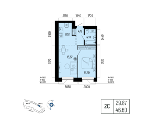 Планировка 2-комнатные 46,6 м²
