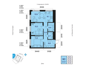 Планировка 3-комнатные 61,4 м²