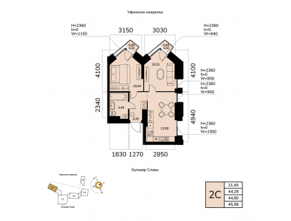 Планировка 2-комн. · 44.8 м²