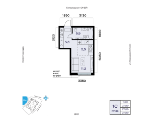 Планировка 1-комнатные 27,8 м²