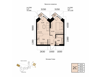 Планировка 2-комн. · 40 м²