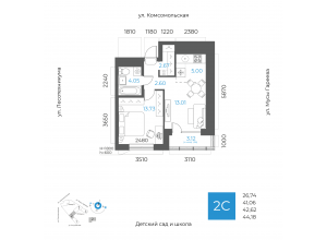 2-комн. · 42,6 м²