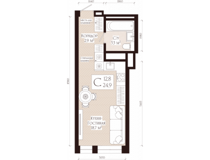 Планировка 1-комн. · 24.9 м²