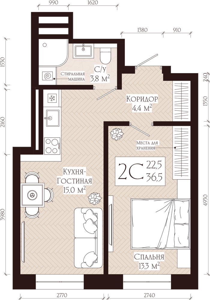 Планировка 2-комнатная квартира 36.5 м² в ЖК Никольская collection, 5 этаж — 11 937 435 ₽