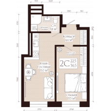 Планировка: 2-комн. квартира, 36.5 м²