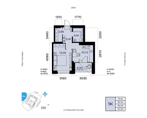 Планировка 1-комнатные 38,5 м²