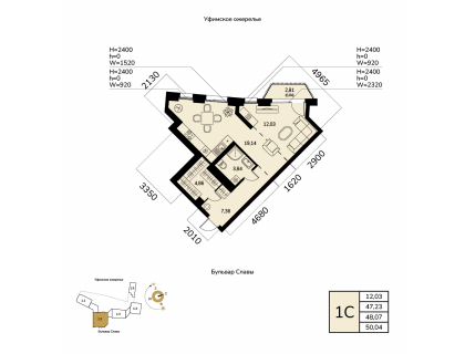 Планировка 1-комн. · 48.1 м²