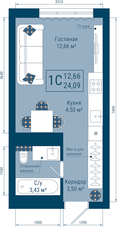 Планировка: 1-комн. квартира, 24.1 м²
