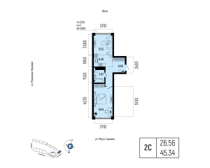 Планировка 2-комнатные 45,3 м²