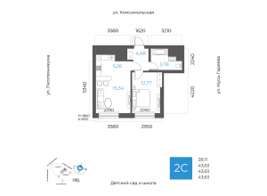 2-комн. · 43,6 м²