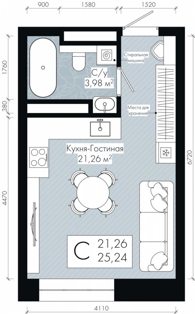 Планировка: Студия, 25.2 м²