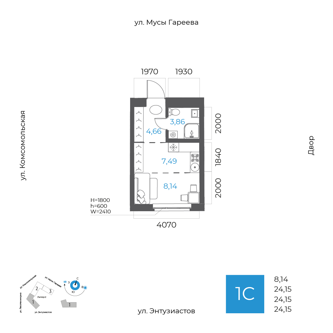 Планировка 1-комнатная квартира 24,2 м² в ЖК «8 НЕБО», 3 этаж — 5 946 800 ₽