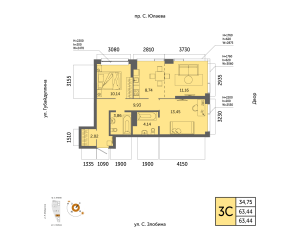 Планировка 3-комнатные 63,4 м²