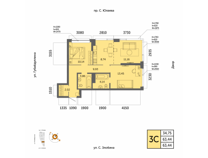 Планировка 3-комн. · 63.4 м²