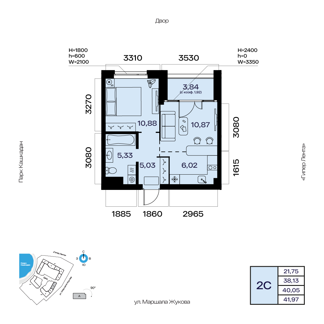 Планировка 2-комнатная квартира 40,1 м² в ЖК «Атлантис», 4 этаж — 9 214 700 ₽