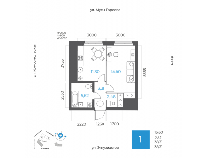 Планировка 1-комн. · 38.3 м²