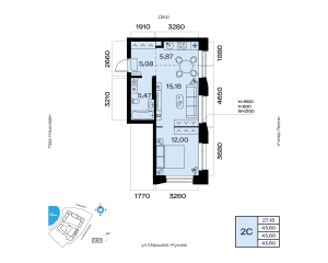 Планировка 2-комнатные 43,6 м²