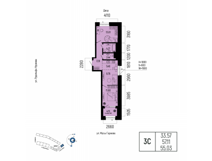 Планировка 3-комн. · 55 м²